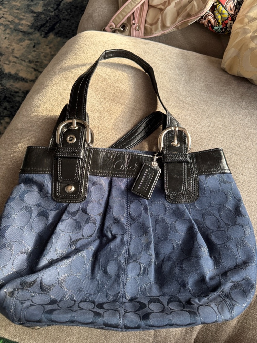 Coach Navy Signature Canvas Shoulder Bag with Black Leather Trim